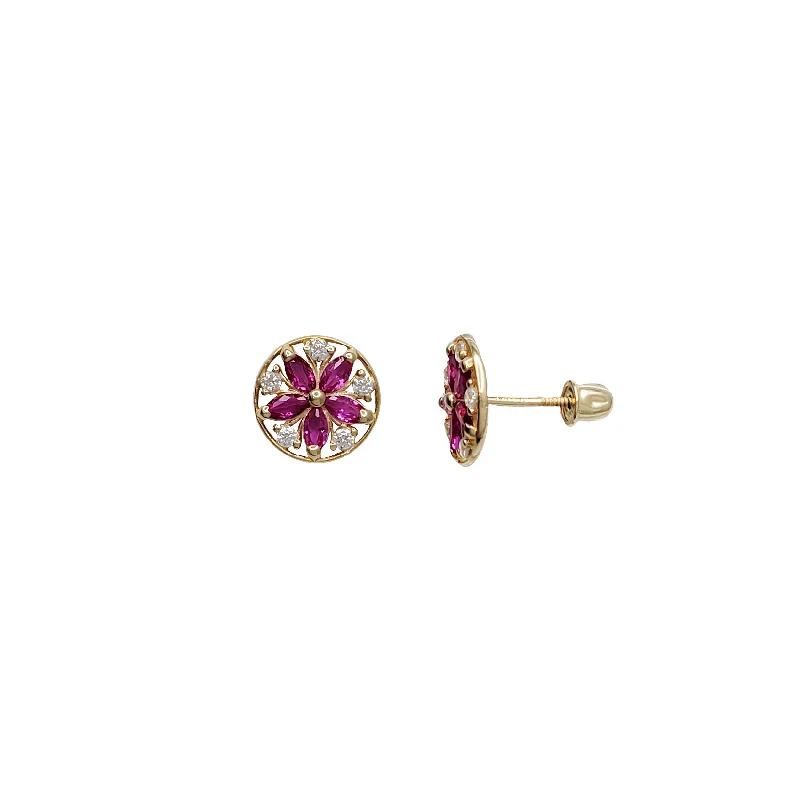 small hoop earrings for women-Cubic Zirconia Flower Stud Earrings (14K)