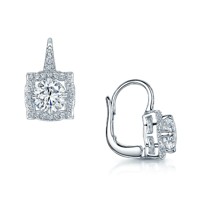 hoop earrings for women-18ct White Gold Round Brilliant Cut Diamond Drop Earrings With A Vintage Diamond Surround