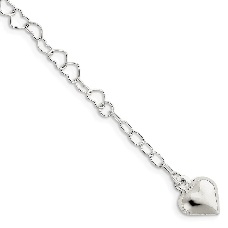 friendship bracelet for women-Sterling Silver 5mm Heart Link And Dangling 12mm Heart Anklet, 9-10 In