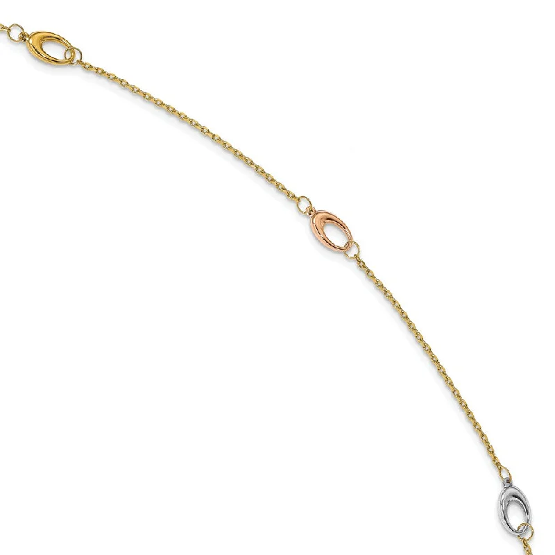 rope bracelet for women-14k Tri-Color Gold Cable Chain And Oval Station Anklet, 9.5-10.5 Inch