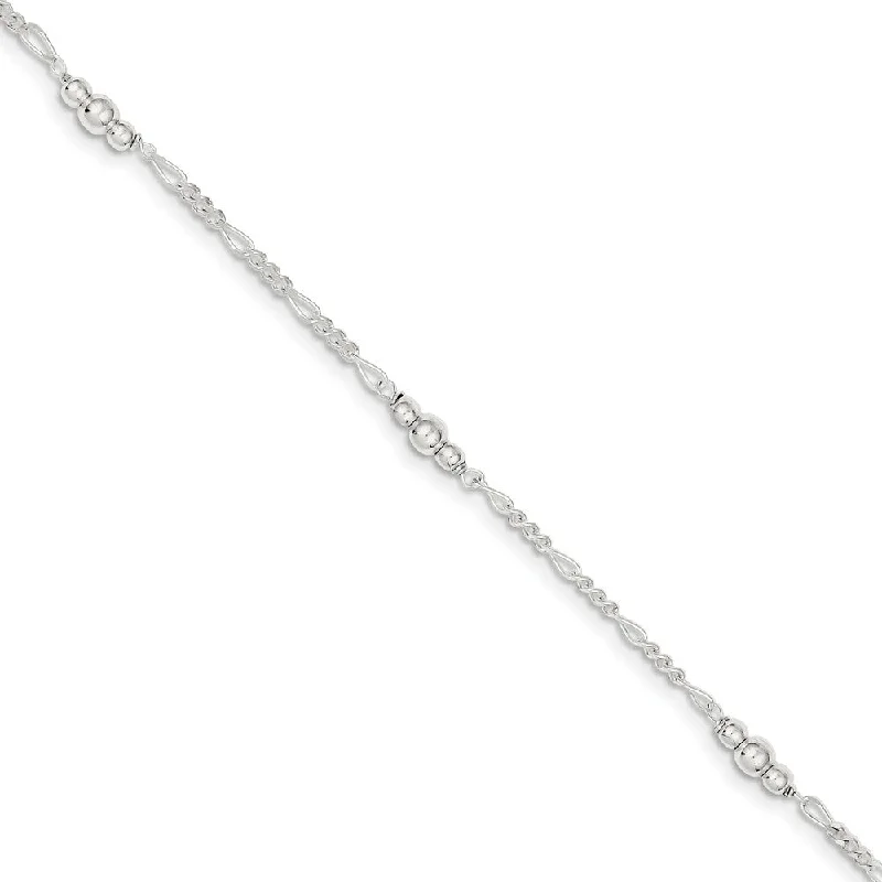 stackable bracelet for women-Sterling Silver Bead Figaro Chain Adjustable Anklet, 9 Inch