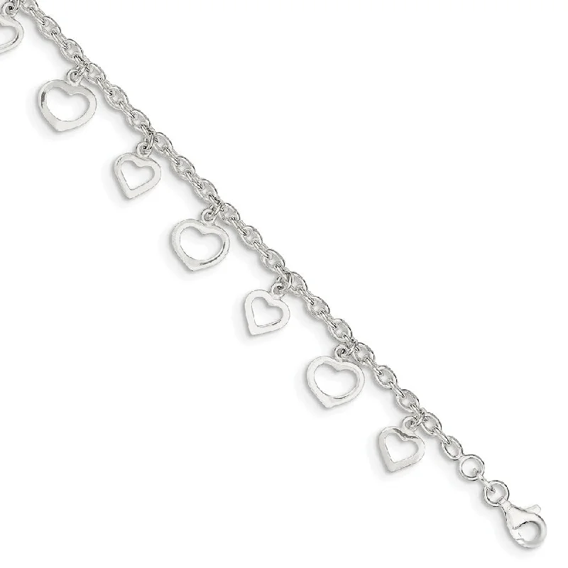 pearl anklet for women-Sterling Silver 2.5mm Cable Chain And Dangling Open Heart Anklet, 9 In