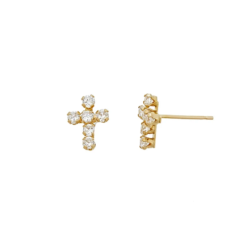 flower earrings for women-Cross Stud CZ Earrings (14K)