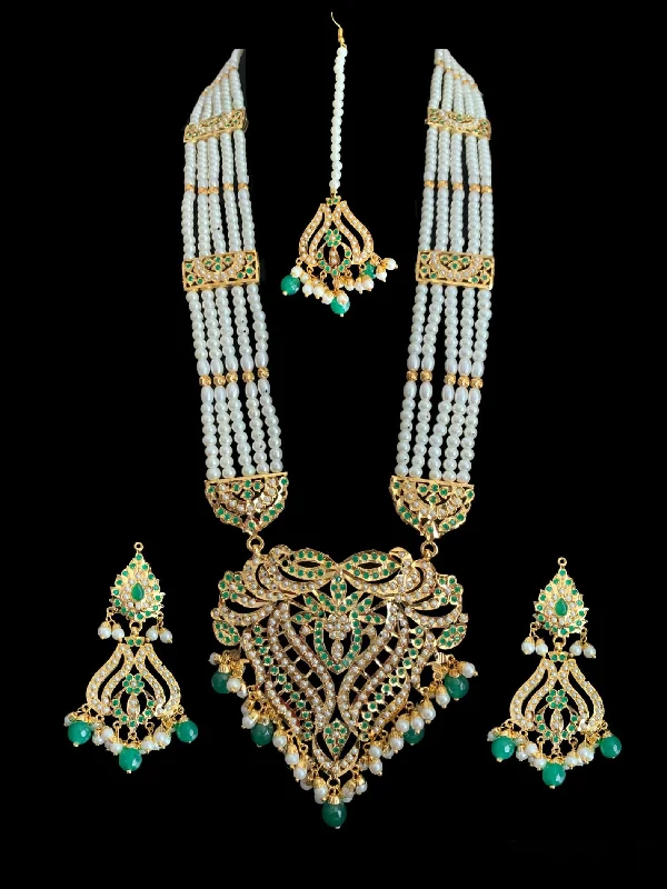 flower earrings for women-LN123 Sakshi Green / emerald Jadau Rani haar with earrings tika ( READY TO SHIP )