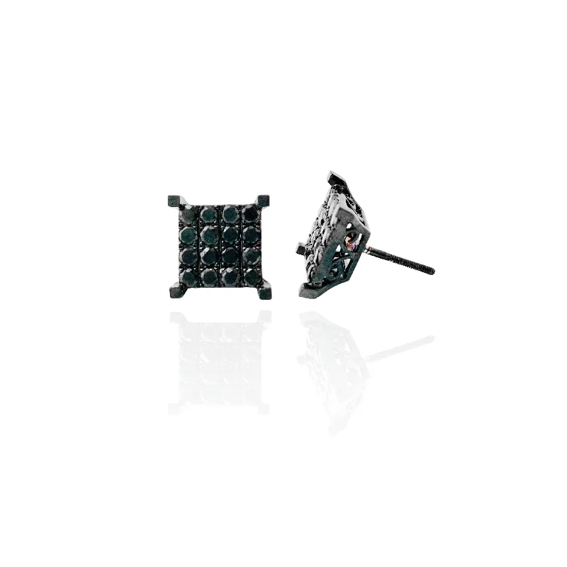 zircon earrings for women-Black Diamond Cluster Square Earrings (10K)