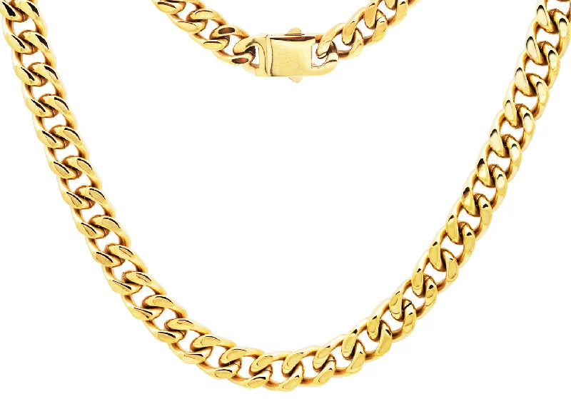 trendy necklace for women-Mens 10mm Gold Plated Stainless Steel Cuban Link Chain Necklace