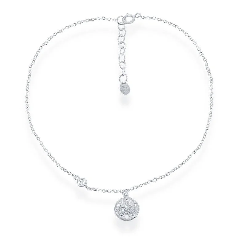 infinity anklet for women-Sterling Silver Sand Dollar with Single CZ Anklet