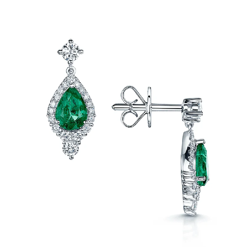 gold statement earrings for women-18ct White Gold Pear Shaped Emerald And Diamond Vintage Halo Drop Earrings