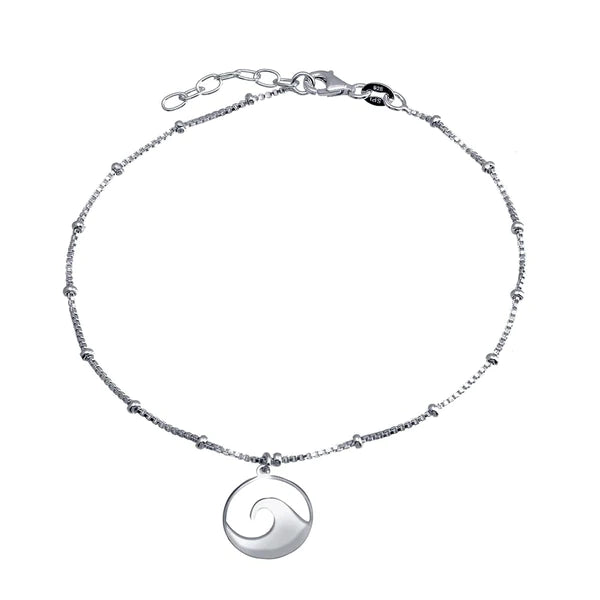 elegant bracelet for women-Silver 925 Rhodium Plated Disc Wave Design Beaded Box Chain Anklet