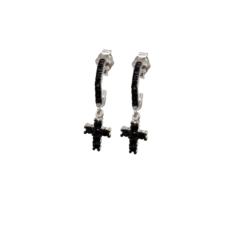 modern hoop earrings for women-Black Onyx Cross Earring (Silver)