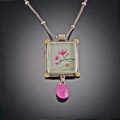 diamond necklace set for women-Small Rectangle Magnolia Necklace with Pink Sapphire Drop