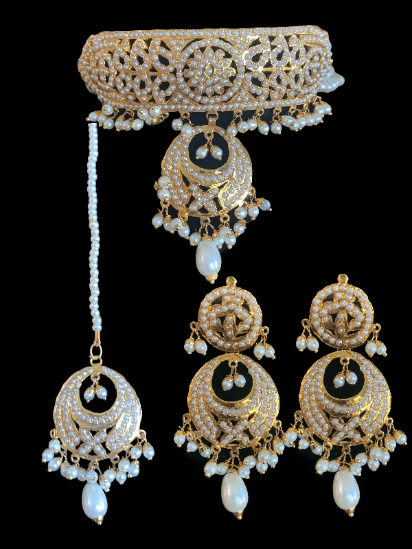 round earrings for women-C116 pearl jadau choker with earrings tika ( READY TO SHIP )