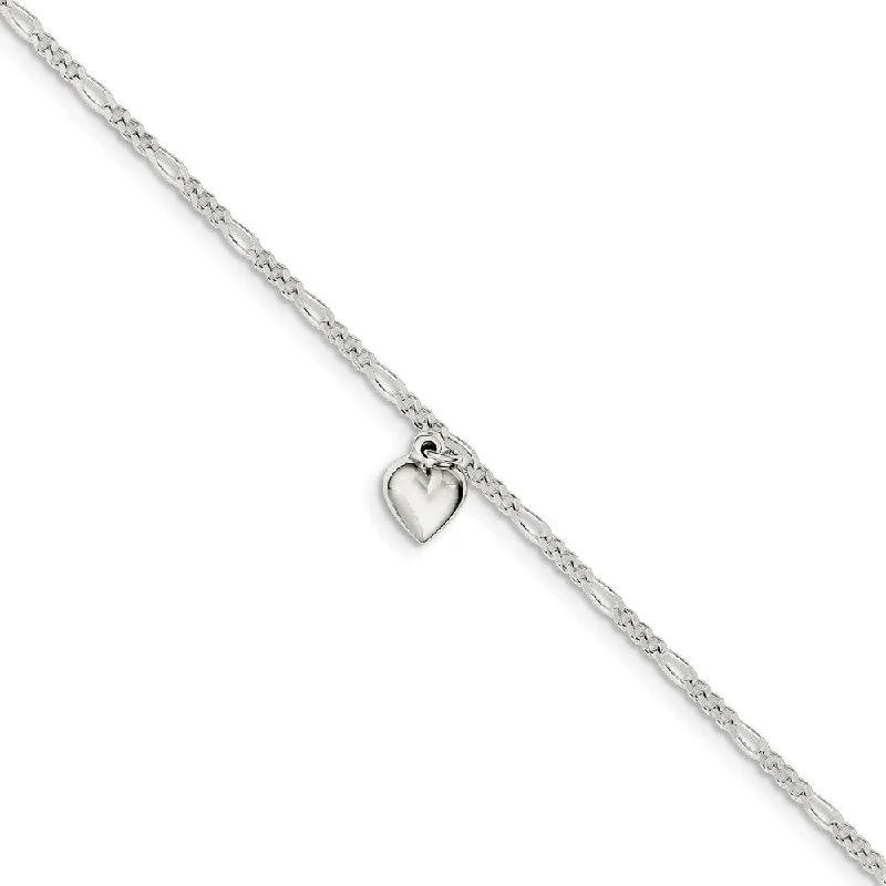 handmade anklet for women-Sterling Silver Figaro Chain Dangling Heart Adjustable Anklet, 9 Inch