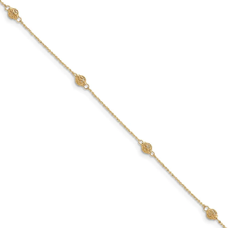 handmade anklet for women-14k Yellow Gold Diamond Cut Anklet with Caged Beads, 10 Inch