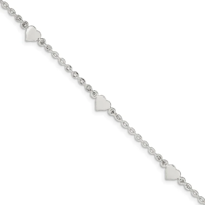 antique bracelet for women-Sterling Silver 2mm Cable Chain And Solid Heart Charm Anklet, 9-10 In