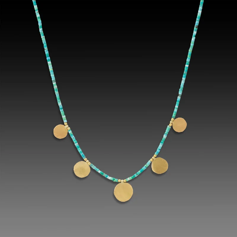 sapphire necklace for women-Turquoise Necklace with Hammered Gold Disks