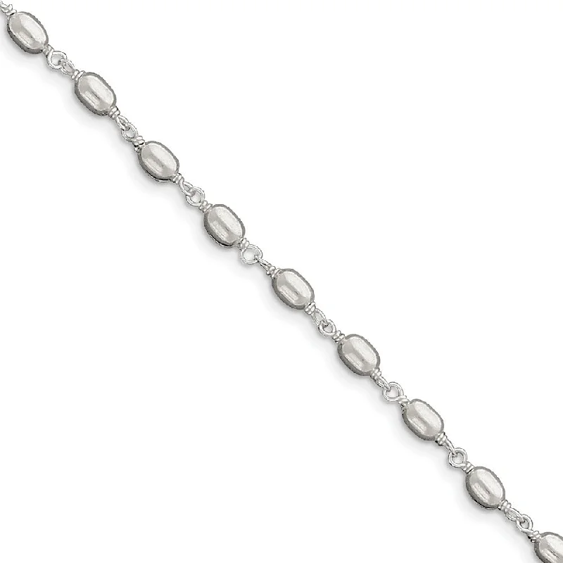 heart-shaped anklet for women-Sterling Silver High Polished Oval Bead Anklet, 10 Inch