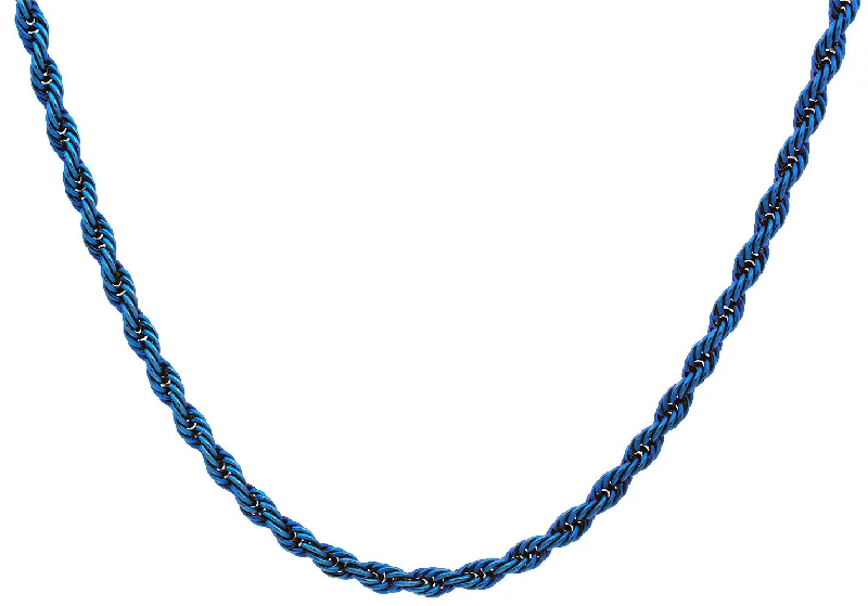 silver necklace for women-Mens 5MM Blue Plated Stainless Steel 24" Rope Chain Necklace