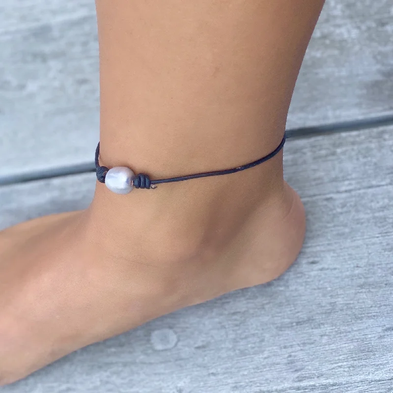 crystal anklet for women-CHARLOTTE MOTHER OF PEARL/ LEATHER - ANKLET