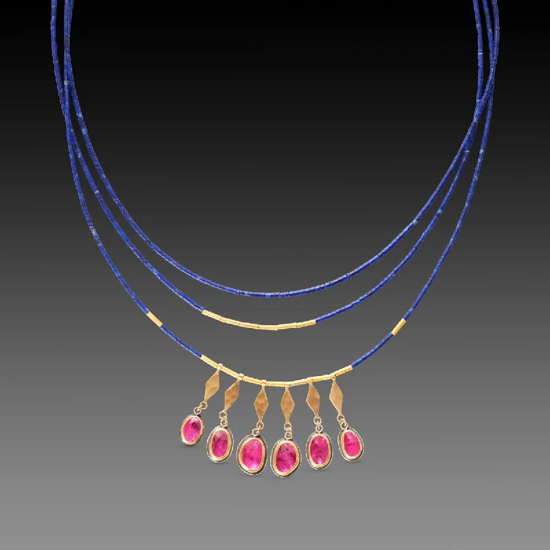 tree of life necklace for women-Lapis, Rubies & Gold Necklace