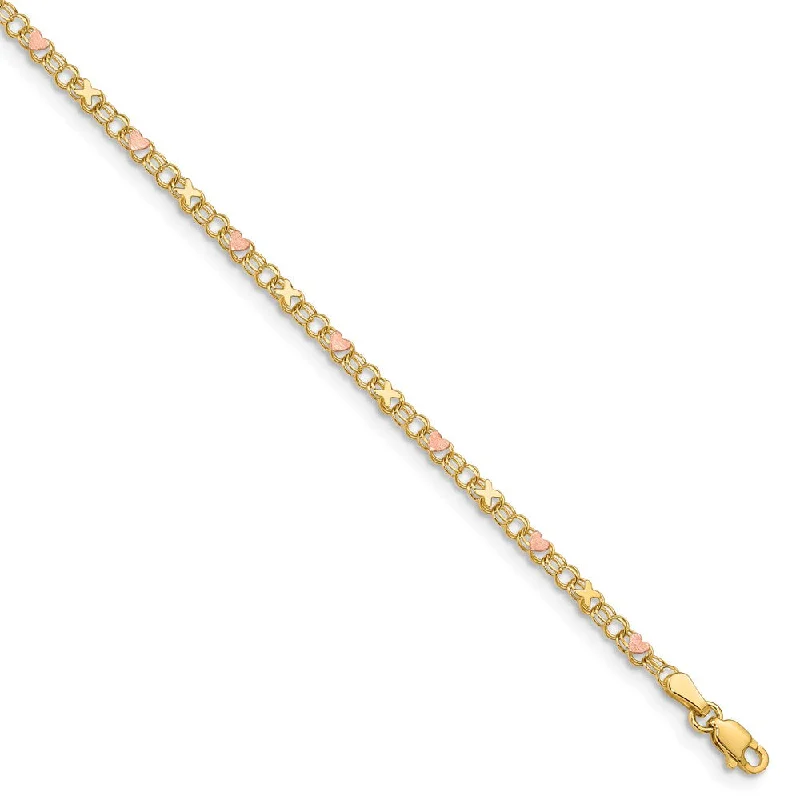 large bangle bracelet for women-14k Yellow Gold And Pink Rhodium Kisses and Hearts Anklet, 10 Inch