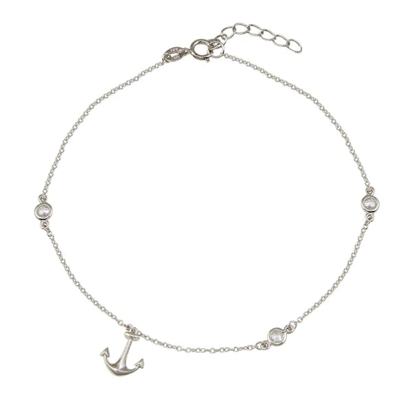 chunky bracelet for women-Silver 925 Rhodium Plated Anchor Anklet with CZ