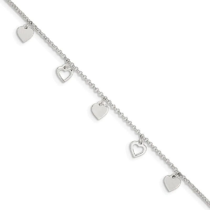 leather anklet for women-Sterling Silver Dangling Heart Charms Adjustable Anklet, 9 Inch