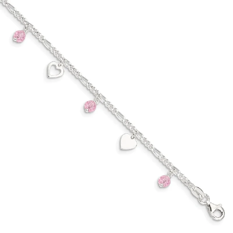 silver anklet for women-Sterling Silver Heart and Rose Glass Bead Adjustable Anklet, 9 Inch