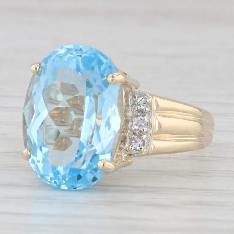 custom engagement ring set for women-13.22ctw Blue & White Topaz Ring 9k Yellow Gold Large Oval Solitaire Size 7