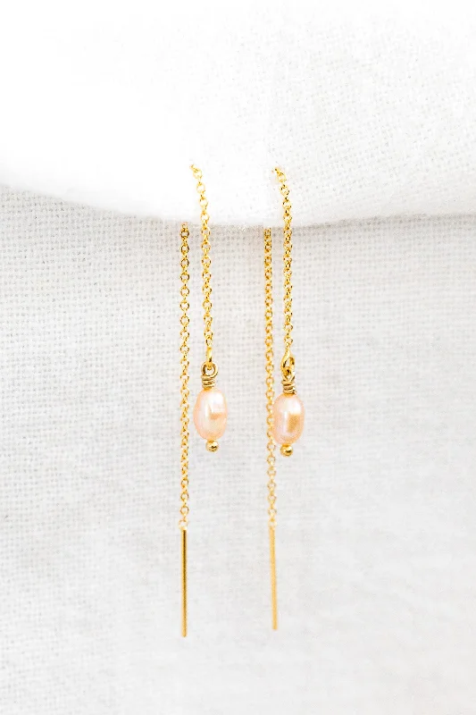 geometric stud earrings for women-Mini Pink Pearl Plain Chain Ear Threaders