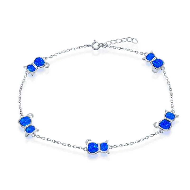 holiday anklet for women-Opalata Women's Anklet - Sterling Silver Blue Inlay Opal Cat | R-9235