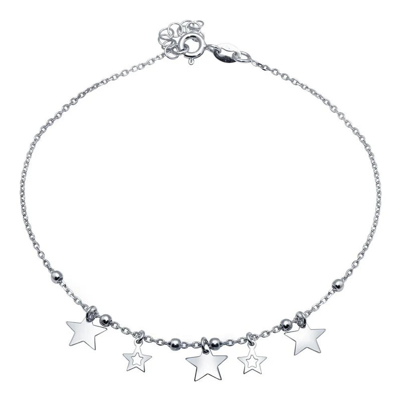 gold chain anklet for women-Rhodium Plated 925 Sterling Silver Star Charms Anklet