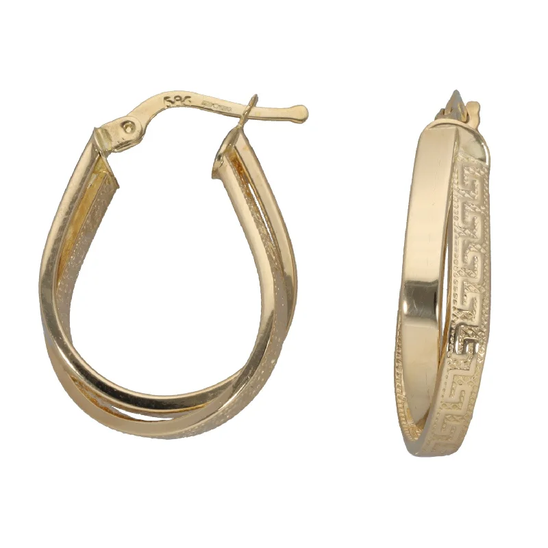 diamond stud earrings for women-New 14ct Gold Greek Key Double Hoop Earrings