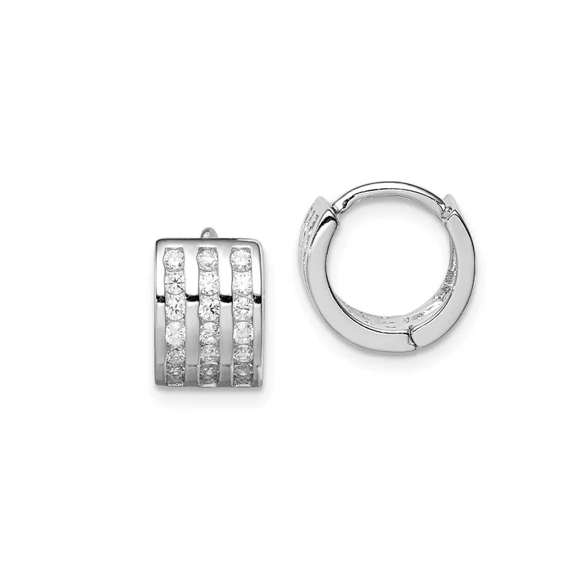 gold earrings with gemstones for women-3-Row CZ Huggie Earrings (Silver)