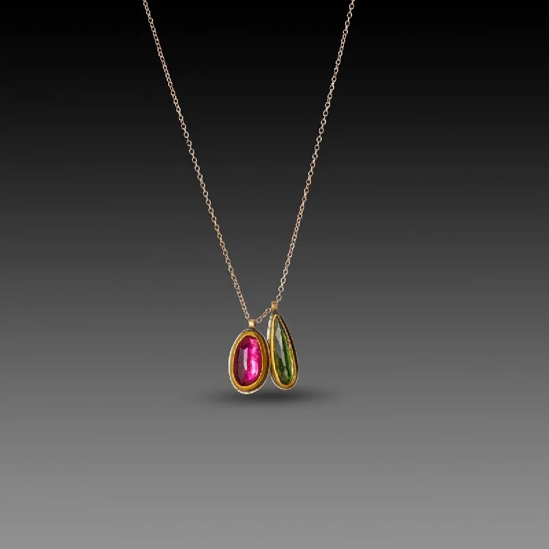 double necklace for women-Pink and Green Tourmaline Charm Necklace