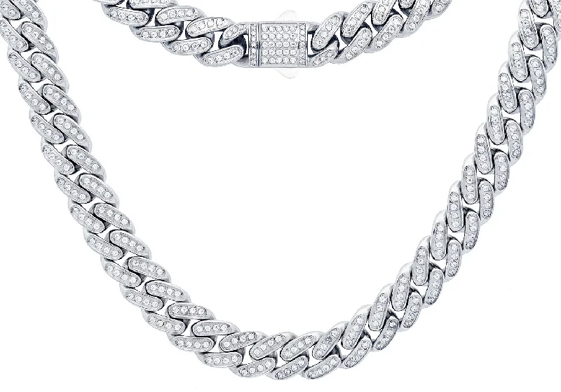 crystal heart necklace for women-Men's 12mm Stainless Steel Iced Out Miami Cuban Link Chain Necklace