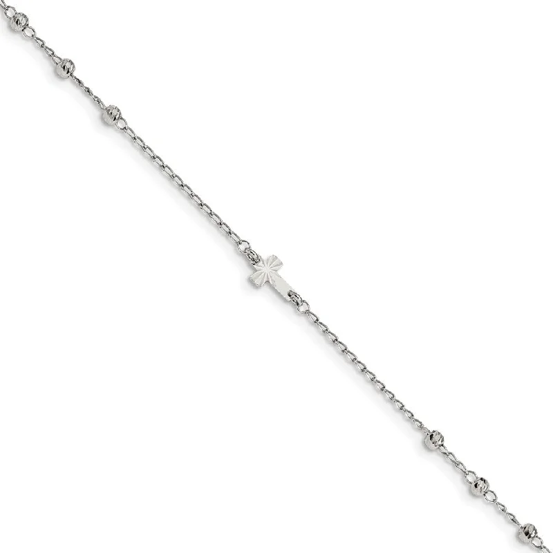 engraved bracelet for women-Rhodium-Plated Sterling Silver Cross With D/C Beads Anklet, 9-10 Inch