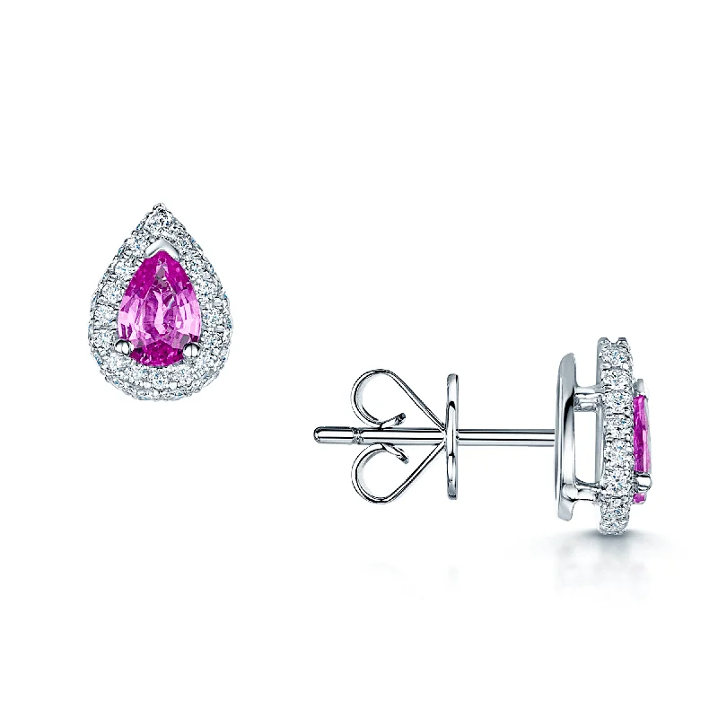 bar earrings for women-18ct White Gold Pear Pink Sapphire And Diamond Halo Stud Earrings