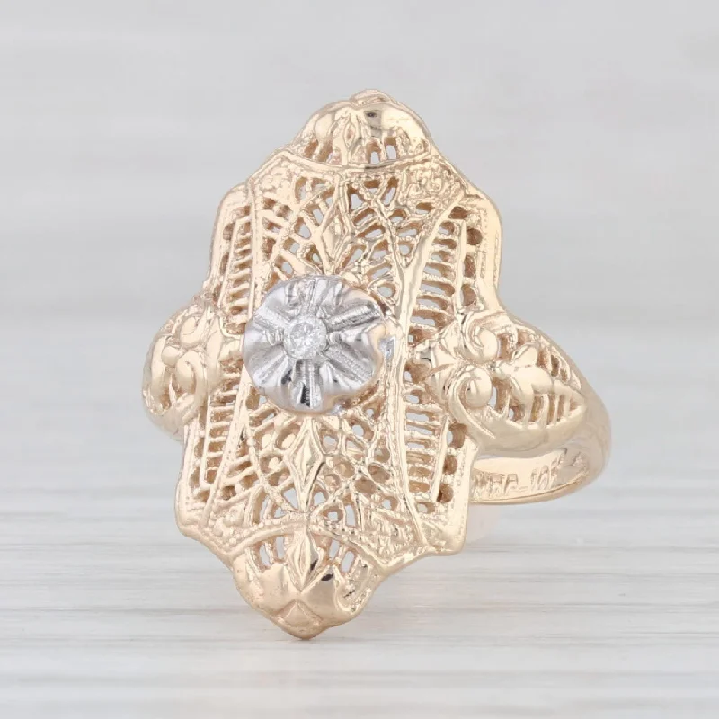 cushion cut engagement ring for women-Art Deco Diamond Accented Filigree Ring 10k Yellow Gold Size 5.5