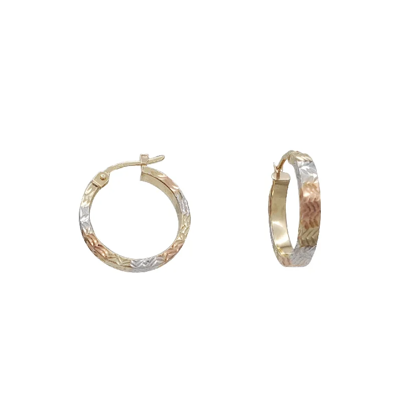 round earrings for women-Tricolor Diamond-Cut Flat hoop Earrings (14K)