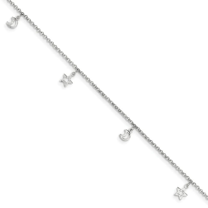 silver bangle bracelet for women-Sterling Silver 2mm Cable Chain Moon and Stars Charm Anklet, 9-10 Inch