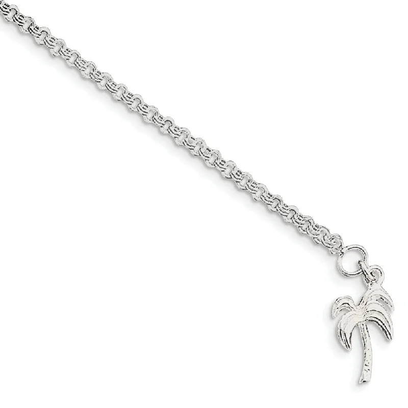 pearl chain bracelet for women-Sterling Silver Palm Tree Double Link Cable Chain Anklet