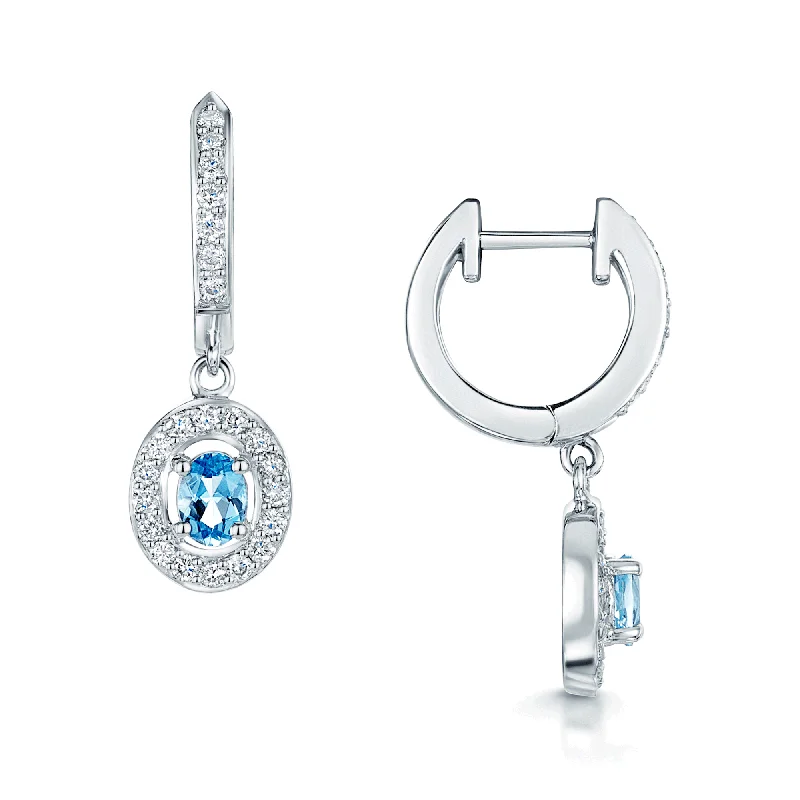 butterfly earrings for women-18ct White Gold Oval Blue Topaz And Diamond Hoop With Drop Earrings