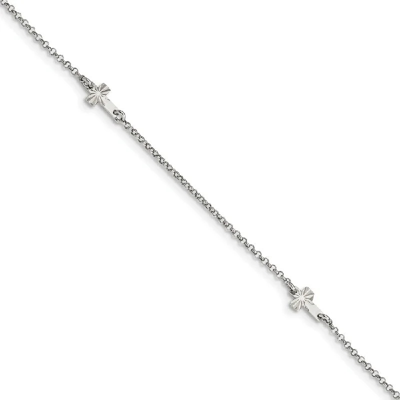 sparkly bracelet for women-Rhodium-Plated Sterling Silver D/C Crosses Rolo Chain Anklet, 9-10 In.