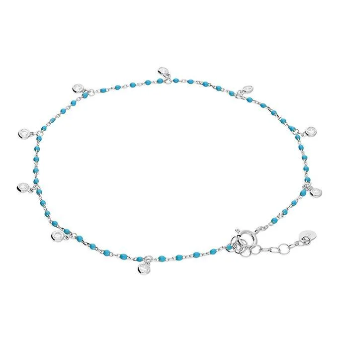 handmade anklet for women-Turquoise Enamel Bead Chain with Sparkle Charms Anklet - Sterling Silver