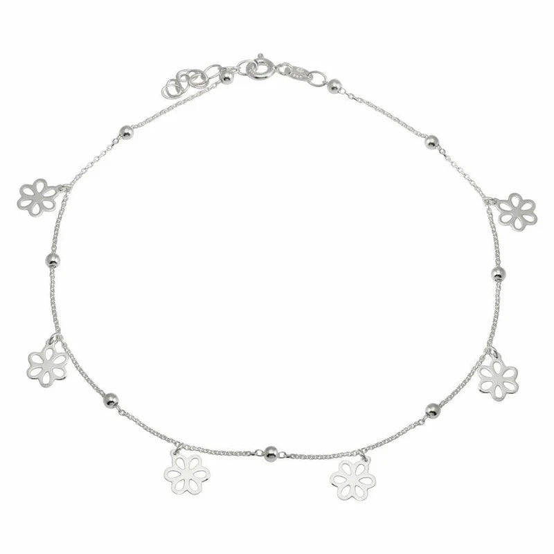 sparkly bracelet for women-Rhodium Plated 925 Sterling Silver Dangling Flower Anklets