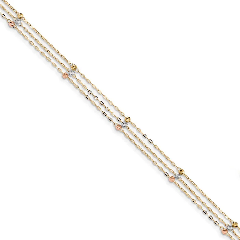 pearl bracelet for women-14k Tri-Color Gold 3-Strand D/C Beaded Cable Chain Anklet, 10 Inch