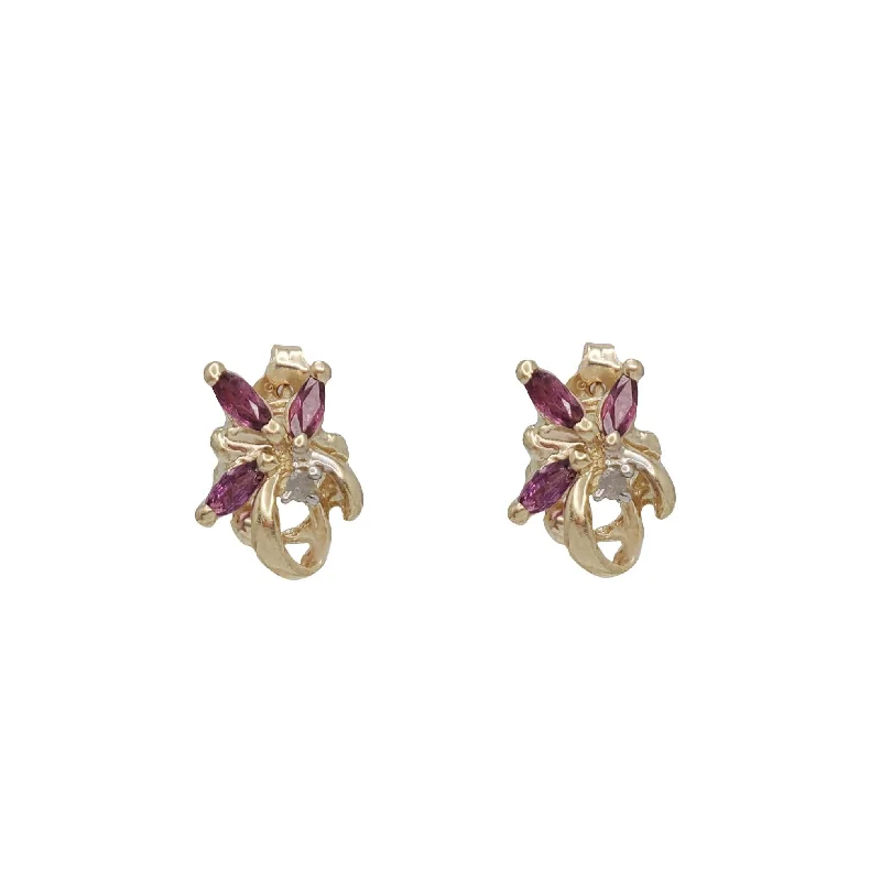 hoop earrings for women-Diamond & Ruby Flowers Earrings (14K)