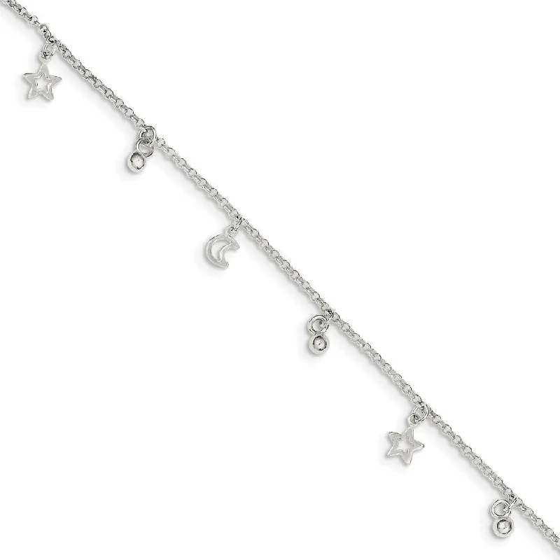 minimalist anklet for women-Sterling Silver 1.5mm Rolo Chain Moon, Star And Bead Anklet, 9-10 Inch