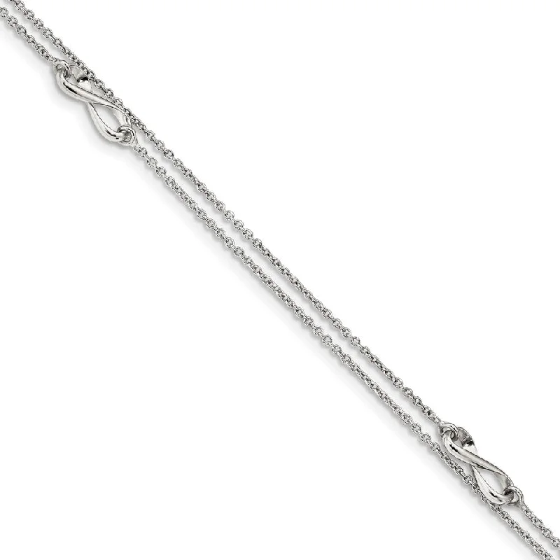 rope bracelet for women-Rhodium-Plated Sterling Silver 2-Strand Infinity Anklet, 9-10 Inch